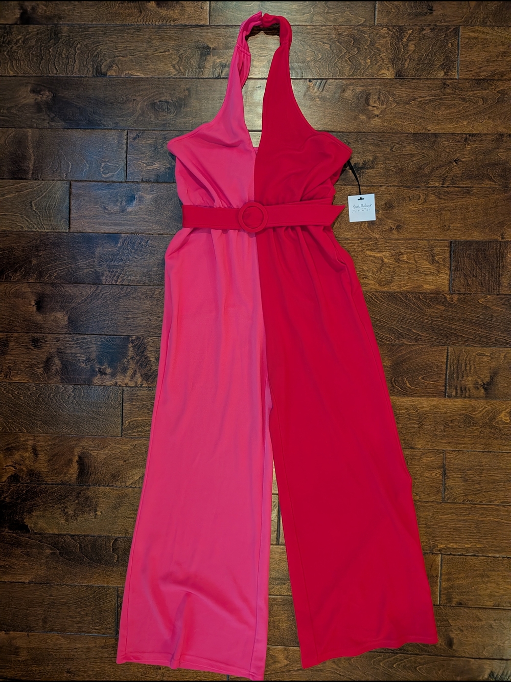 NWT: Colorblock Halter Wide-Leg Jumpsuit — Pink & Red.  XL/14